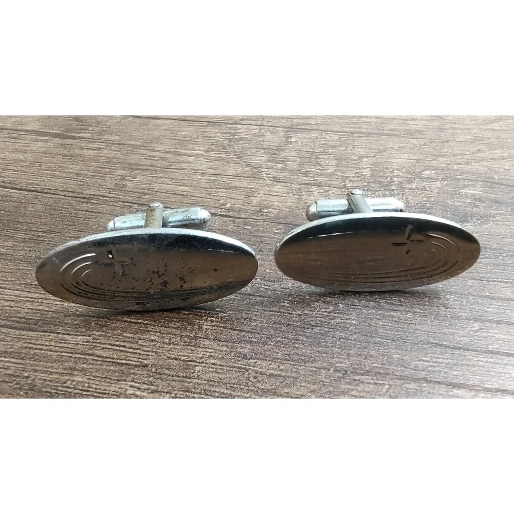 Vintage Silver Tone Men's Cuff Links Oval Atomic Star J225